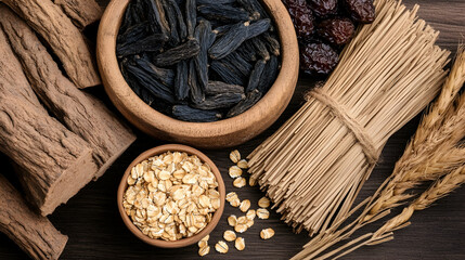 Obraz premium Healthy ingredients oats, herbs, and grains on dark wood. Use Food blog, recipe, healthy eating