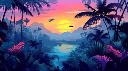 Tropical sunset illustration lush landscape digital art vibrant environment panoramic view serenity