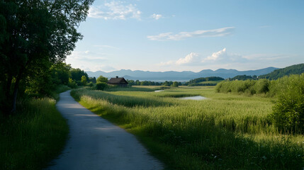 Lakeside path, cabin, mountains, summer; serene nature scene; travel, tourism