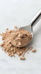 Maca powder scoop on marble, healthy supplement, nutritional boost, kitchen background, food photography