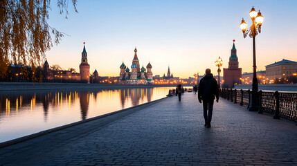 Man walking riverside dawn, Kremlin reflection, Moscow cityscape, travel tourism