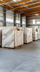 Marble slabs stacked on pallets in warehouse.  Background Industrial building. Use Stock photo for construction/design