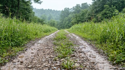 Obraz premium Rainy day gravel road through lush green forest