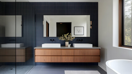 Modern bathroom design, double vanity, natural wood, forest view
