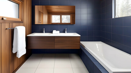Modern bathroom design, wood accents, blue tiles, natural light, winter view