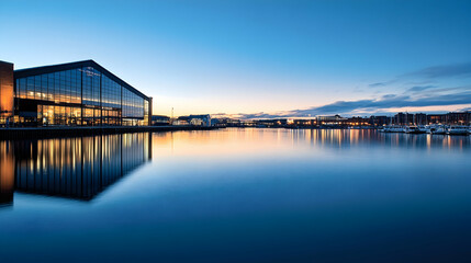 Obraz premium Modern building reflecting in calm harbor at dusk; cityscape background; ideal for architecture, real estate, or travel brochures