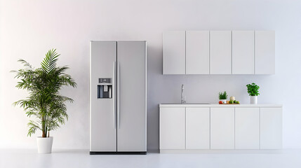 Modern kitchen interior design, stainless steel refrigerator, white cabinets, plant