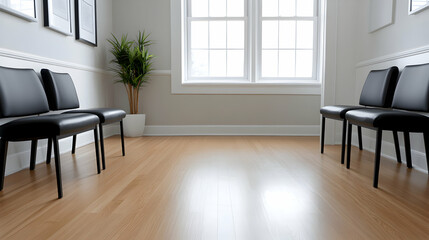 Modern office waiting room with hardwood floor, chairs, plant, and large windows. Use Website or brochure design