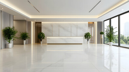 Modern office lobby reception area with marble walls, plants, and city view
