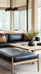 Modern living room interior design, natural light, wooden details, cozy atmosphere, comfortable furniture