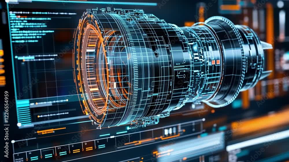 Poster holographic projection of a camera lens showcasing intricate internal components, set against a back