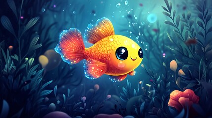 Fototapeta premium A vector illustration of a cheerful bubblefish with glowing fins, swimming in a magical underwater world.