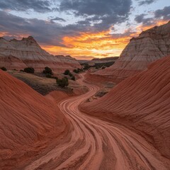 winding dirt road through red rock canyon at sunset