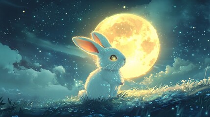 A vector illustration of a glowing moon rabbit with sparkling fur, hopping under a full moon.