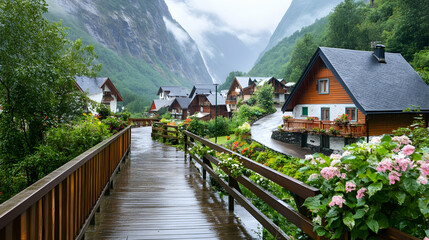 Naklejka premium Rainy day in mountain village, wooden walkway, scenic valley background, travel postcard