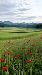Red poppies in green field, mountain backdrop, summer day, nature scene, ideal for travel brochures