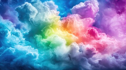 Fototapeta premium Vibrant rainbow clouds swirl across a bright sky in a colorful abstract dreamscape.