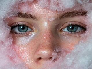 Closeup of a woman's face covered in cleansing foam