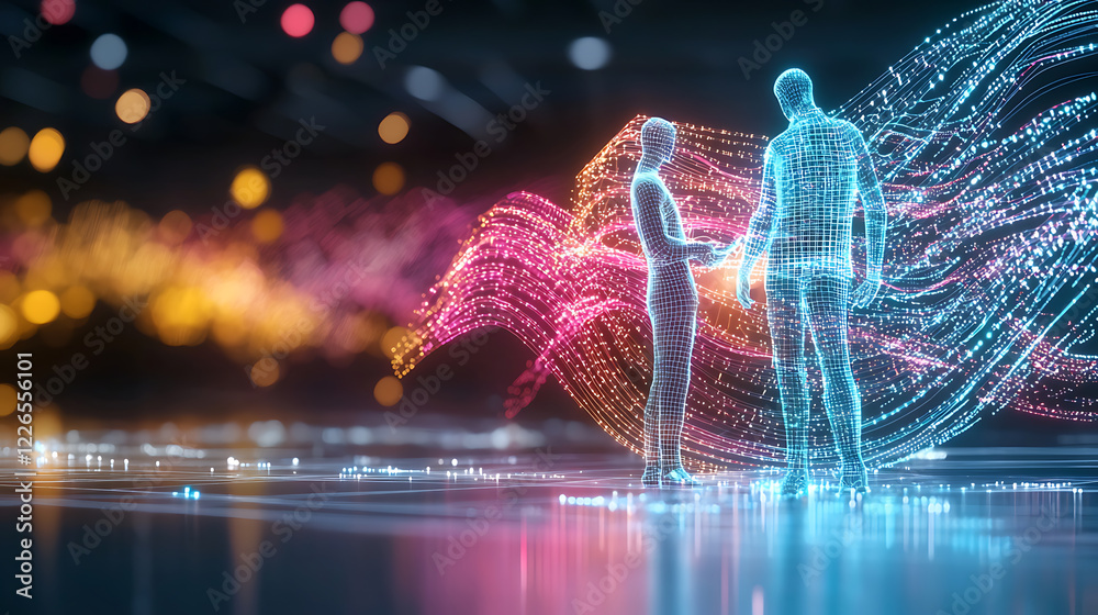 Poster digital interaction between virtual figures futuristic setting 3d art illuminated environment aesthe