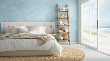Fototapeta premium A coastal loft-inspired bedroom with textured light blue