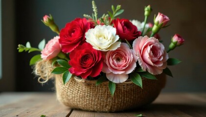 Red and white carnations in loose, organic arrangement wrapped in coarse burlap, vintage, wildflowers