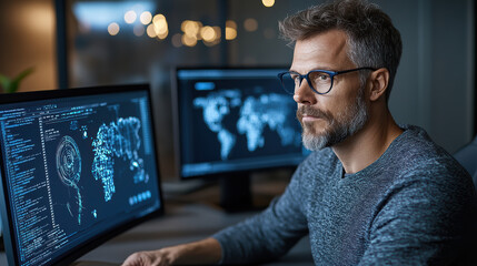 focused man working on computer screens displaying data visualizations and maps