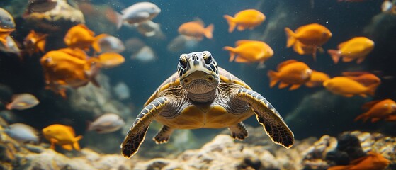 Fototapeta premium Sea turtle swimming with orange fish in blue water in an aquarium with rocks below