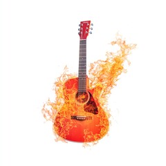 An electric guitar engulfed in fiery flames, creating a striking visual contrast with its vibrant colors and dynamic energy. Perfect for music and creativity themes.