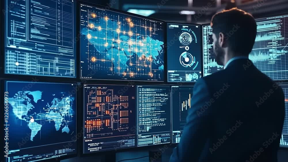 Poster it specialist working in a dark room analyzing big data on multiple computer screens showing various