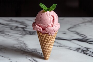 Close-up of a scoop of strawberry ice cream in a waffle cone, garnished with mint