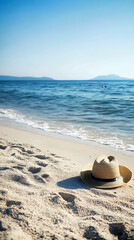 Straw hat on sandy beach, calm sea, distant swimmers, sunny day; summer vacation imagery