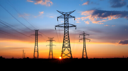Sunset over power lines; energy transmission infrastructure; rural landscape; industrial background; energy resource