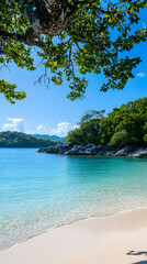 Tropical beach cove, turquoise water, lush greenery, sunny day, travel destination