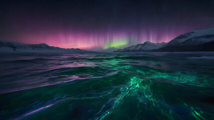 Naklejka premium Aurora borealis reflected in a calm body of water, mountains in the background. 