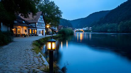 Fototapeta premium Twilight riverside village, cobblestone path, illuminated lamp, tranquil river reflection, scenic background