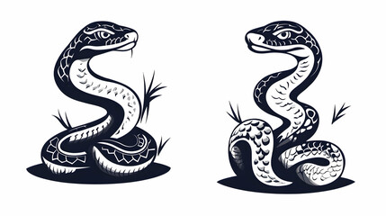 Fototapeta premium Two stylized snake illustrations, coiled, facing right, isolated on white, for tattoo design or graphic art