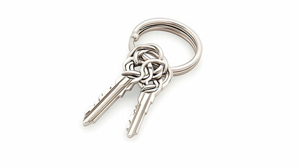 Two silver keys on a keyring, isolated on white background; ideal for real estate, security, or home concepts