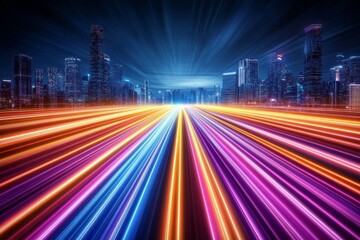 Neon Cityscape Light Trails Converging on Skyline, Digital Art, Futuristic, Speed Futuristic City, Light Streaks