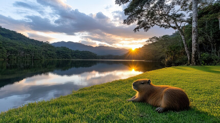 Obraz premium capybara lounging by serene lake at sunset, surrounded by nature beauty