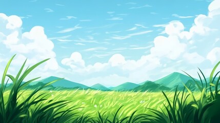 Obraz premium Serene Grassland Landscape Digital Painting, Green Field, Blue Sky, Mountains, Nature Scenery Keywords landscape, digital art