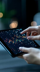 Woman analyzing data on tablet at night, bokeh background, financial analysis