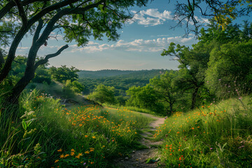 Serene Landscape with Rolling Hills, Vibrant Wildflowers, and Clear Blue Sky Illuminated by Natural Light