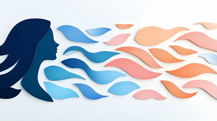 Woman's profile, hair flowing like water & fire, white background; for beauty, wellness, transformation concepts