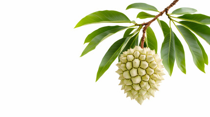 Young custard apple on branch, green leaves, white background; for food, health, or botany publications