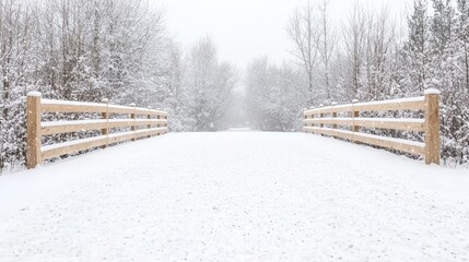 Naklejka premium Snowy path between wooden fences, winter landscape, tranquil scene, perfect for winter travel brochures