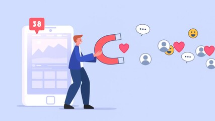 Man with big magnet attracting likes, comments, feedback and new customers to his social media pages, 2d animation video