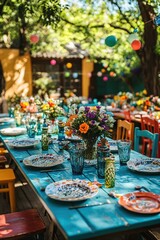 Fototapeta premium Outdoor dining table with colorful flowers and plates set for a festive celebration in garden