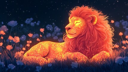 A vector illustration of a whimsical candy lion with glowing patterns, resting in a sugary meadow.