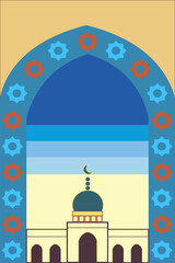 Stylized Mosque Illustration with Geometric Patterns and Crescent Moon