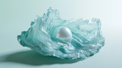 Fototapeta premium An ethereal ocean wave sculpture encasing a glowing pearl, soft and translucent materials in pastel blues and whites, minimalist solid mint background